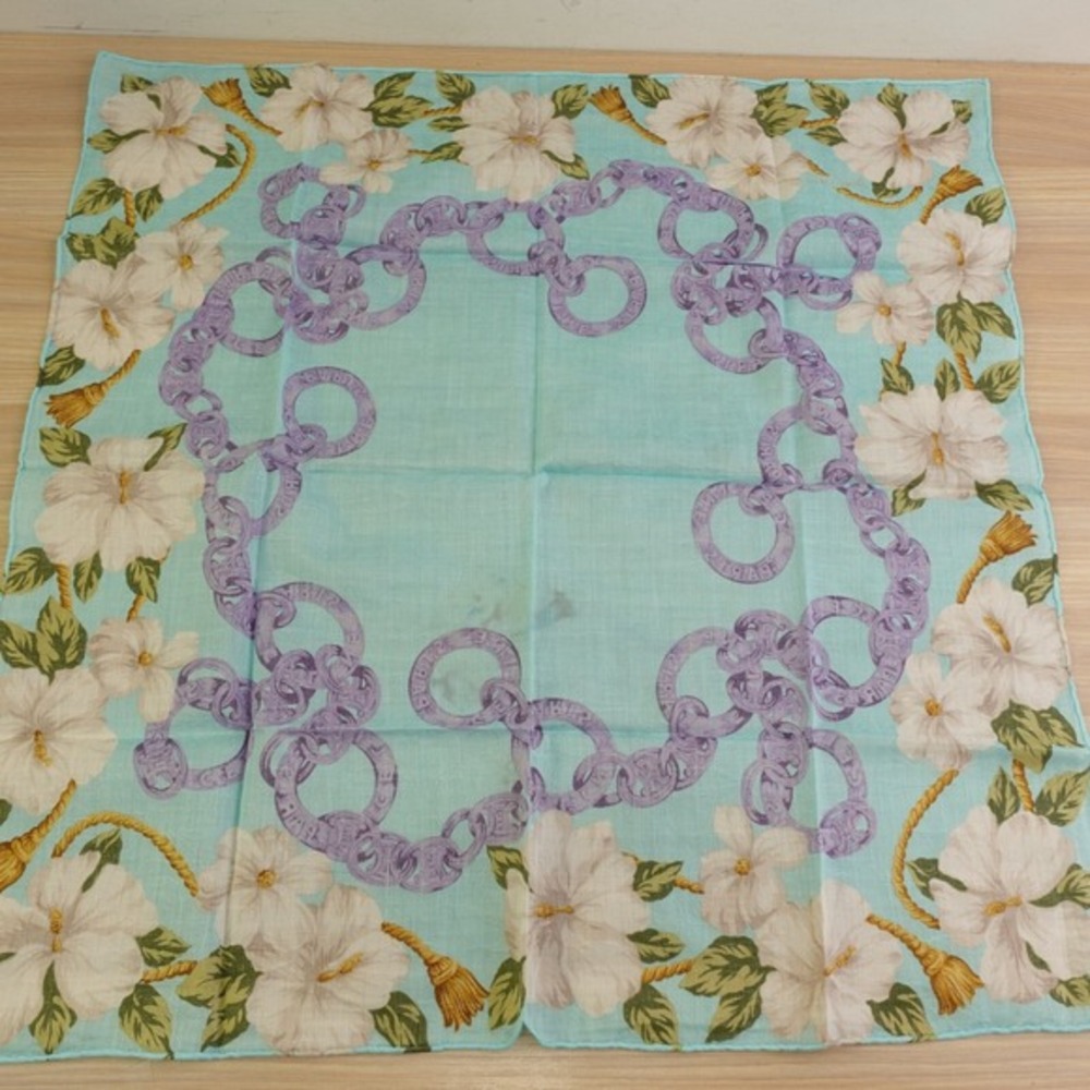 90s VTG CELINE Paris Handkerchief Blue Hibiscus Chain Link Scarf AUTH Luxe 20x19 - Picture 12 of 13